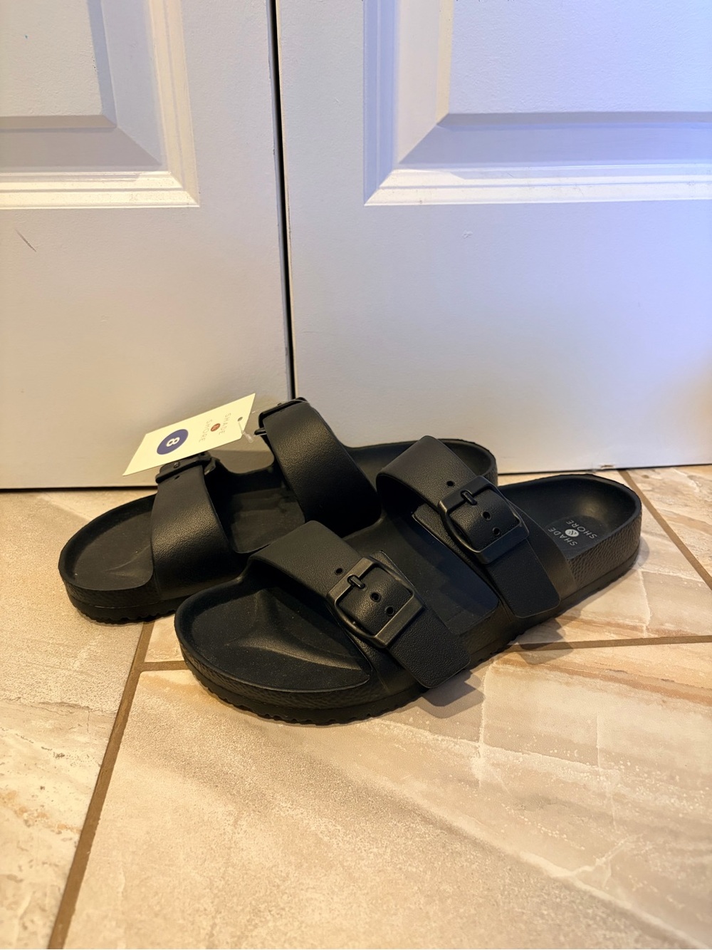 Shade & Shore Women’s Birkin Style Double Buckle Slide Sandals - Black